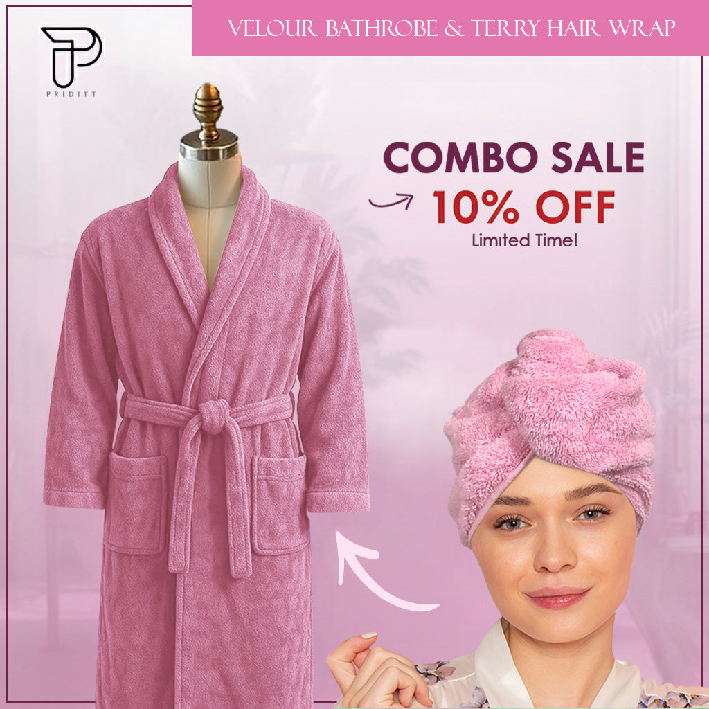 Premium Terry Hair Turban & Luxury Velour Bathrobe