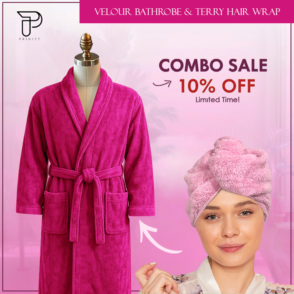 Premium Terry Hair Turban & Luxury Velour Bathrobe