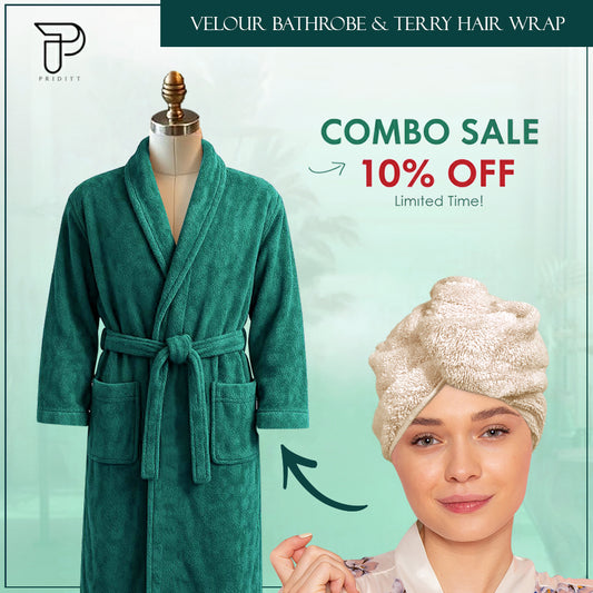 Premium Terry Hair Turban & Luxury Velour Bathrobe